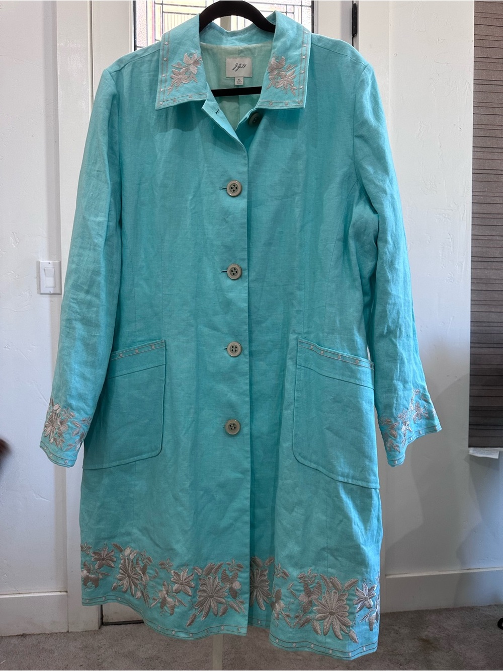 J. Jill Linen Turquoise Embroidered Button-Front Women's Coat